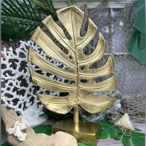NEW LARGE Metal Brass Monstera Leaf Sculpture COASTAL NAUTICAL BEACH HOME DECOR